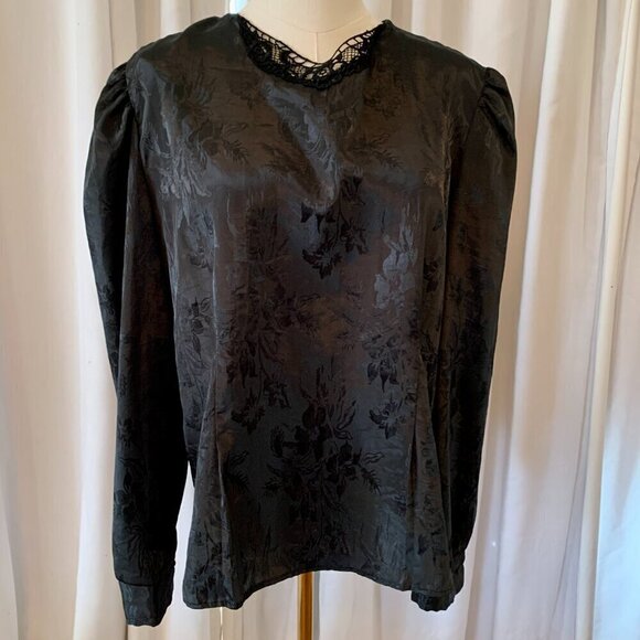 Vintage 80s Black Satin Floral Brocade Blouse Lace Neckline Puff Long Sleeve XL - Picture 10 of 11